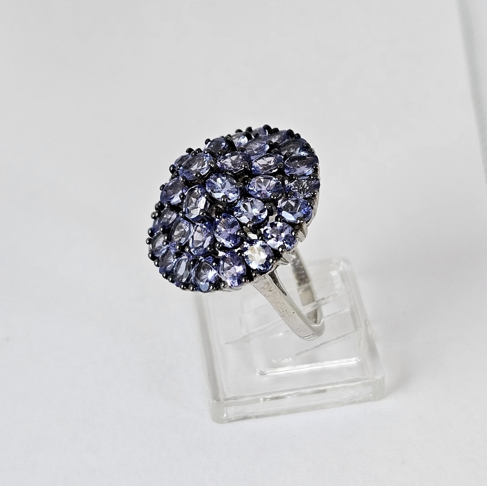 Natural Tanzanite Cluster Ring in Platinum over Sterling Silver Sz 6 - Picture 9 of 14
